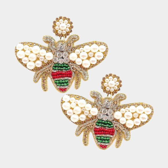 Red Green Gold Felt Embellished Bee Earrings Small Pearl Bead Details 30$